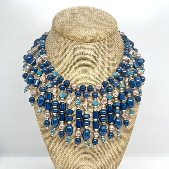 CHICO’S BLUE BEADED STATEMENT NECKLACE BIB LAYERED PEARL GOLD TONE CLEOPATRA - Picture 1 of 13